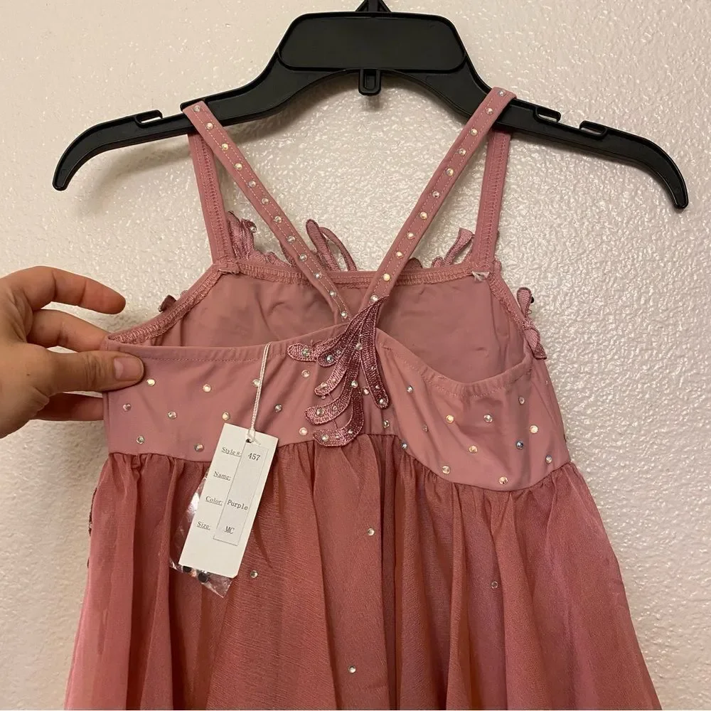 Glamour solo dance costume pink mauve lyrical rhinestone chiffon dress MC child